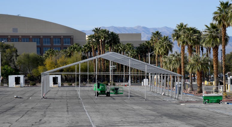 Scaffolding for the new Cashman ISO-Q (Isolation-Quarantine) Complex for the homeless, under construction as a result of the coronavirus pandemic, is shown at Cashman Center on March 31, 2020 in Las Vegas, Nevada.