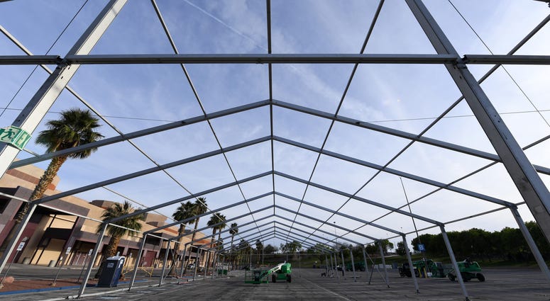 Scaffolding for the new Cashman ISO-Q (Isolation-Quarantine) Complex for the homeless, under construction as a result of the coronavirus pandemic, is shown at Cashman Center on March 31, 2020