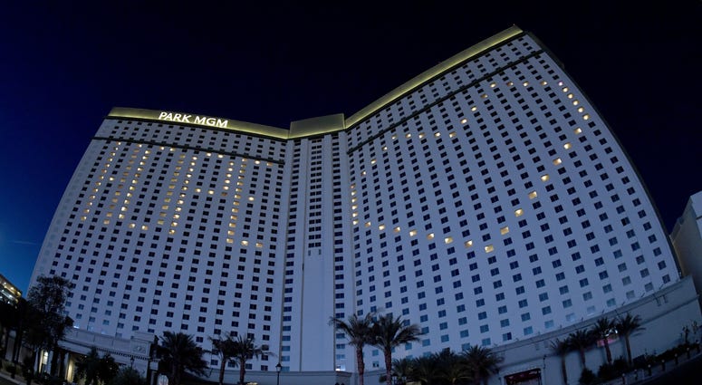 This image was shot with a fisheye lens.) An exterior view shows guest rooms at the shuttered Park MGM on the Las Vegas Strip