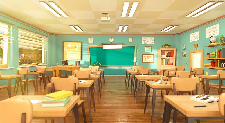 Empty school classroom in cartoon style. Education concept without students.