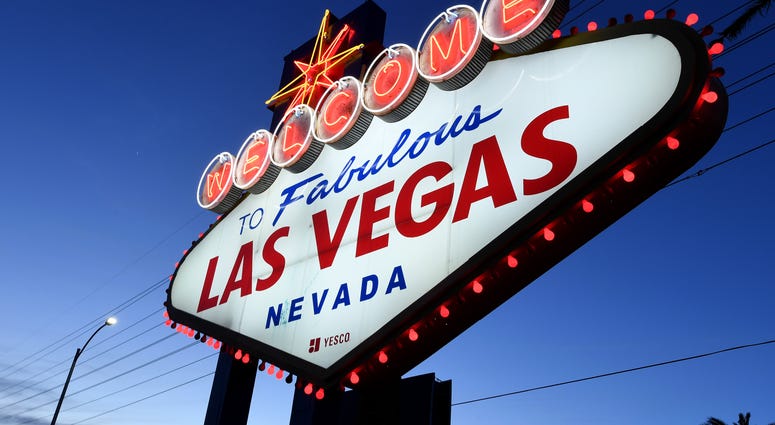 ed lights flicker around the Welcome to Fabulous Las Vegas sign as part of a "red takeover" coinciding with the 37th National Travel and Tourism Week (NTTW) amid the coronavirus pandemic on May 5, 2020 in Las Vegas