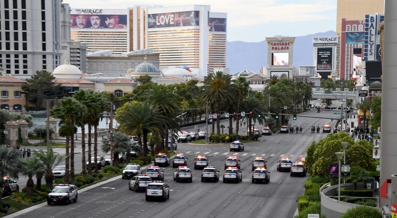 Las Vegas Metropolitan Police Department vehicles block Las Vegas Boulevard in both directions during a Black Lives Matter demonstration demanding justice for the death of George Floyd on May 29, 2020 in Las Vegas, Nevada.