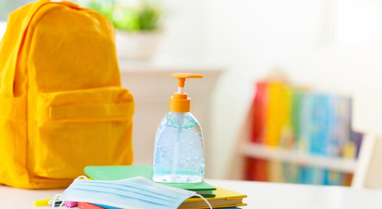 Backpack of school child with face mask and sanitizer. Student safety after coronavirus pandemic.