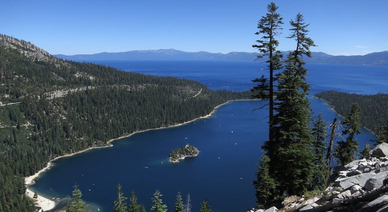 Emerald Bay lies under blue skies at Lake Tahoe on July 23, 2014 near South Lake Tahoe, California.