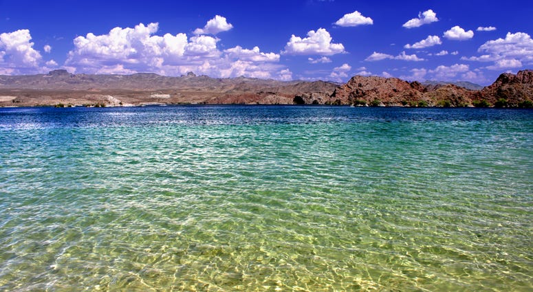Lake Mohave beach on the Colorado River in the desert of the southwestern United States.