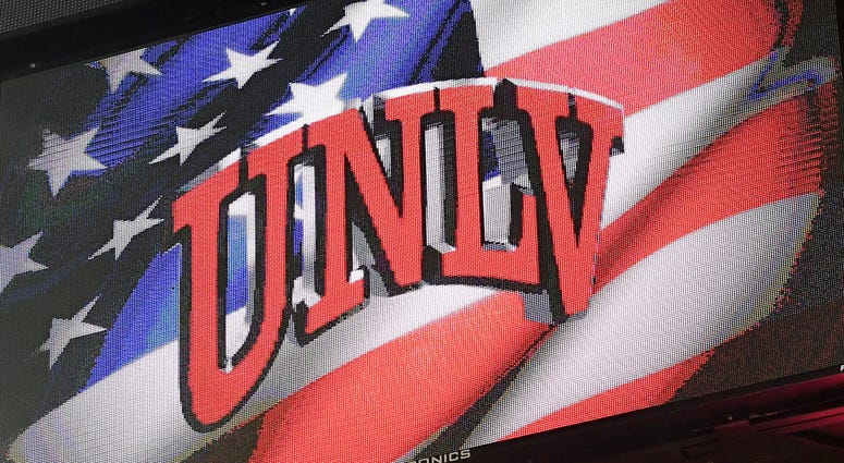 UNLV logo is displayed on a scoreboard during the team's game against the South Alabama Jaguars at the Thomas & Mack Center