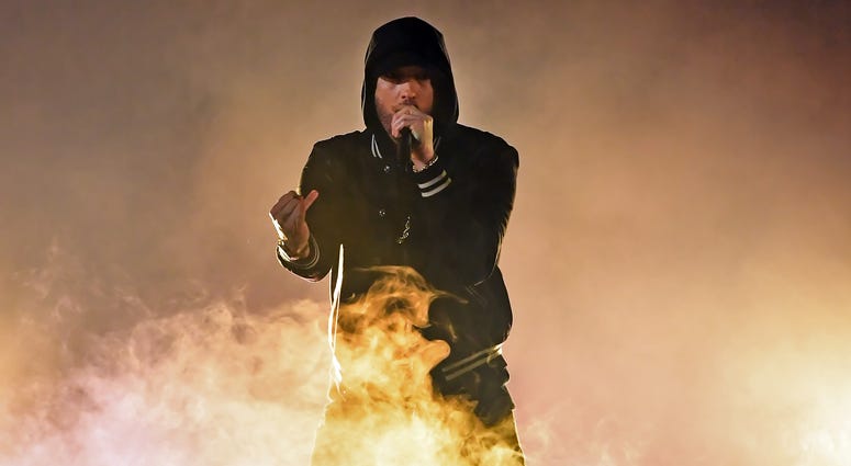 Eminem performs onstage during the 2018 iHeartRadio Music Awards which broadcasted live on TBS, TNT, and truTV at The Forum on March 11, 2018 in Inglewood, California.