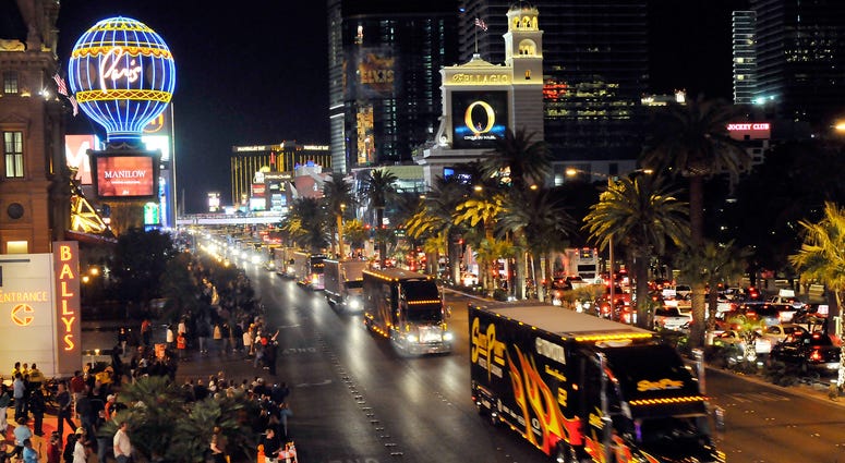 NASCAR car haulers parade down the Las Vegas Strip