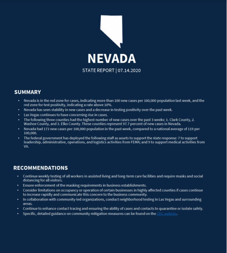 Information from White House regarding recommendations for Nevada regarding the coronavirus outbreak