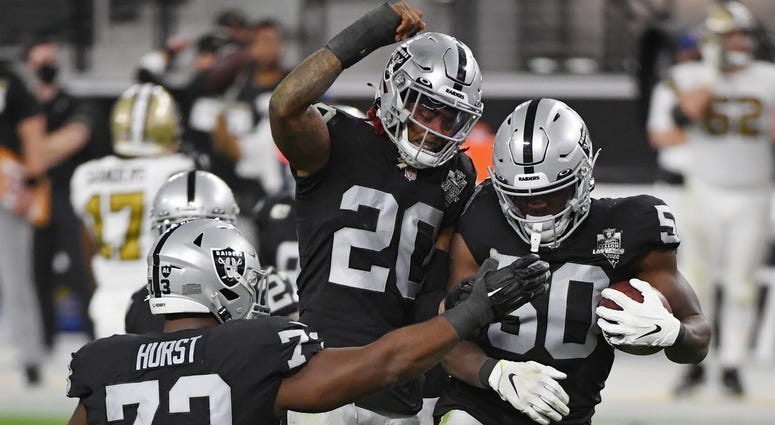 Las Vegas Raiders celebrate an interception against the New Orleans Saints on September 21st, 2020