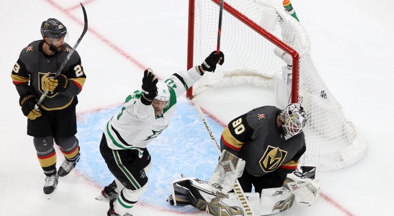 Dallas Stars right wing Corey Perry (10) celebrates the game winning goal scored by Dallas Stars right wing Denis Gurianov (34, not pictured) during the overtime period against the Vegas Golden Knights in game five of the second round of the 2020 Stanley