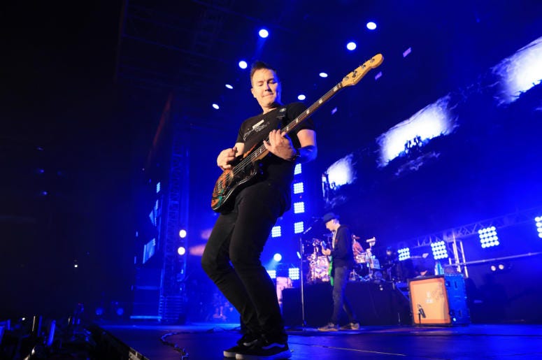 Mark Hoppus of blink-182 performs onstage at KROQ Weenie Roast 2018 at StubHub Center on May 12, 2018 Mark Hoppus of blink-182 performs onstage at KROQ Weenie Roast 2018 at StubHub Center on May 12, 2018