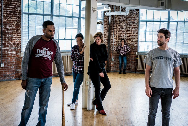 Walter DeShields (Chris), Kimberly S. Fairbanks (Cynthia), Kittson O’Neill (Tracey), Suli Holum (Jessie) and Matteo Scammell (Jason) for Philadelphia Theatre Company’s Pennsylvania premiere of "Sweat" by Lynn Nottage. The cast of "Sweat"