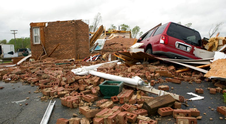 The leveled house of Delores Anderson is viewed Friday, April 19, 2019, after a tornado touched down in Franklin County, Va. southern tornadoes