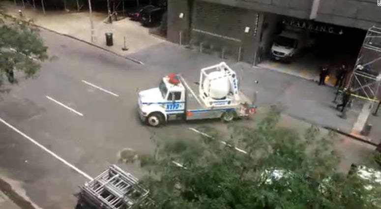 An NYPD bomb containment truck is shown at the Time Warner Center. Time Warner Center