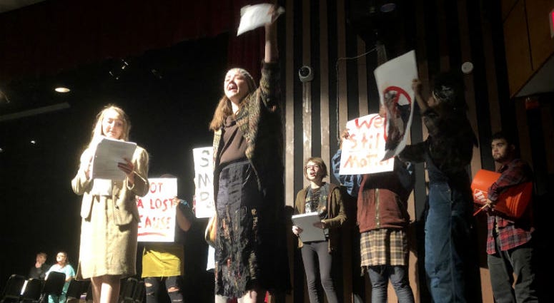 Sign My Petition scene in the show '120 Second.' From left to right, Madison Paradise, Erin Highland, Avery Seelhort, John King. Sign My Petition scene in the show '120 Second.'