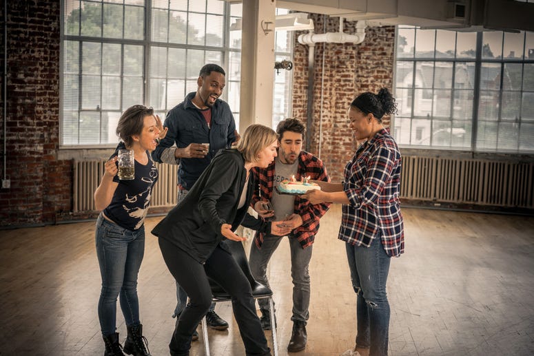 Suli Holum (Jessie), Walter DeShields (Chris), Kittson O'Neill (Tracey), Matteo Scammell (Jason) and Kimberly S. Fairbanks (Cynthia) for Philadelphia Theatre Company’s Pennsylvania premiere of "Sweat" by Lynn Nottage. The cast of "Sweat"