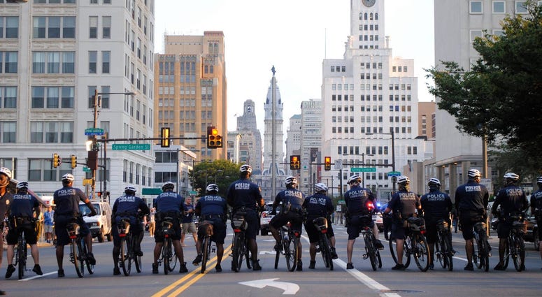 Philadelphia police officers line up ahead of a rally against Charlottesville's Unite the Right event, which resulted in one dead, August 2017. Philadelphia police officers