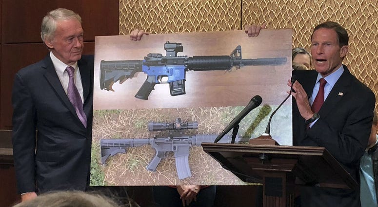 Sen. Edward Markey, D-Mass., left, and Sen. Richard Blumenthal, D-Ct., display a photo of a plastic gun on Tuesday, July 31, 2018, on Capitol Hill in Washington. Sen. Edward Markey, D-Mass., left, and Sen. Richard Blumenthal, D-Ct., display a photo of a plastic gun on Tuesday, July 31, 2018, on Capitol Hill in Washington.