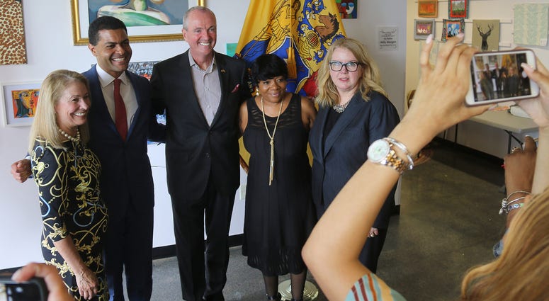 Gov. Phil Murphy (center) nominates Judy Persichelli (left) as incoming state health commissioner, June 25, 2019, alongside current Health Commissioner Shereef Elnahal (second from left), Sheila Addision (second from right), and Carole Johnson (right). New Jersey health commissioner