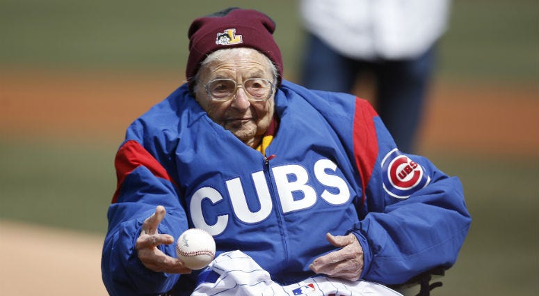 Loyola University Chicago's Sister Jean throws out a ceremonial pitch prior to the start of the Cubs' home opening baseball game against the Pittsburgh Pirates Tuesday, April 10, 2018, in Chicago. Sister Jean (AP PHOTO)