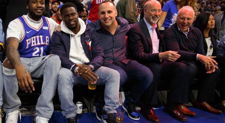 Rapper Meek Mill, left, watches the game with actor Kevin Hart, Philadelphia 76ers co-owner Michael Rubin, Gov. Tom Wolf, and Eagles owner Jeffrey Lurie. Rapper Meek Mill, left, watches the game with actor Kevin Hart, Philadelphia 76ers co-owner Michael Rubin, Gov. Tom Wolf, and Eagles owner Jeffrey Lurie.