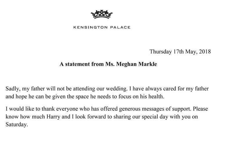 A statement released by Kensington Palace from Meghan Markle A statement released by Kensington Palace from Meghan Markle