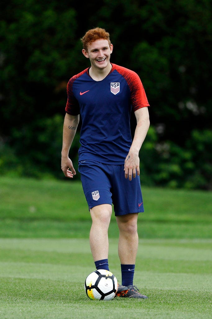 United States' Josh Sargent passes the ball during soccer practice at the University of Pennsylvania. United States' Josh Sargent passes the ball during soccer practice at the University of Pennsylvania.