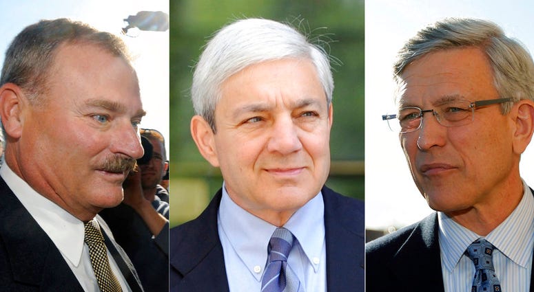 This file photo combination shows former Penn State vice president Gary Schultz, left, former Penn State athletic director Tim Curley, right, and former Penn State President Graham Spanier, center, in Harrisburg, Pa. This file photo combination shows former Penn State vice president Gary Schultz, left, former Penn State athletic director Tim Curley, right, and former Penn State President Graham Spanier, center, in Harrisburg, Pa.