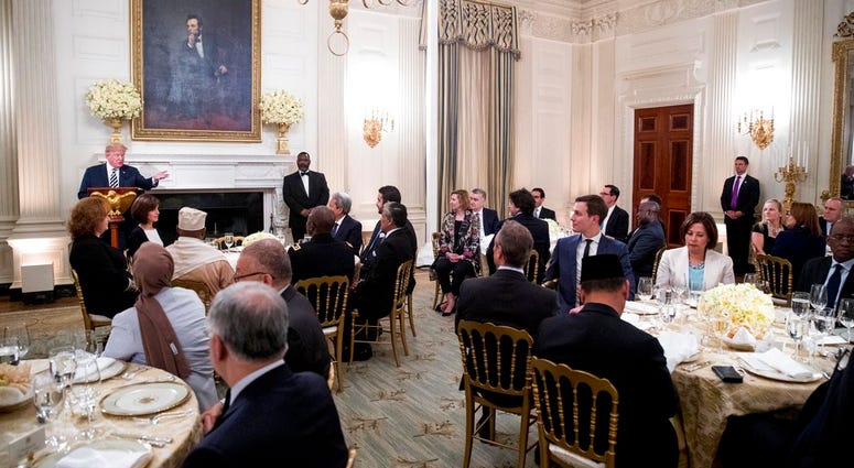 President Donald Trump speaks at an iftar dinner, which breaks a daylong fast, celebrating Islam's holy month of Ramadan, in the State Dining Room of the White House. President Donald Trump speaks at an iftar dinner, which breaks a daylong fast, celebrating Islam's holy month of Ramadan, in the State Dining Room of the White House.