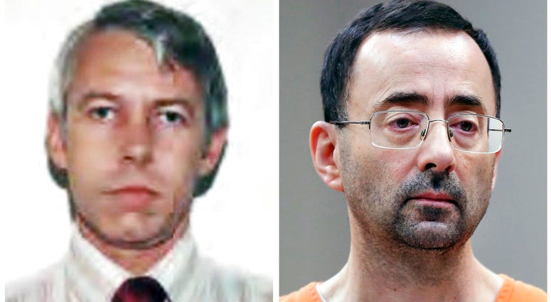 Dr. Richard Strauss, left, from a 1978 Ohio State University employment application, and Michigan State doctor Dr. Larry Nassar, right, during a Nov. 22, 2017 plea hearing in Lansing, Mich. Dr. Richard Strauss, left, from a 1978 Ohio State University employment application, and Michigan State doctor Dr. Larry Nassar, right, during a Nov. 22, 2017 plea hearing in Lansing, Mich.