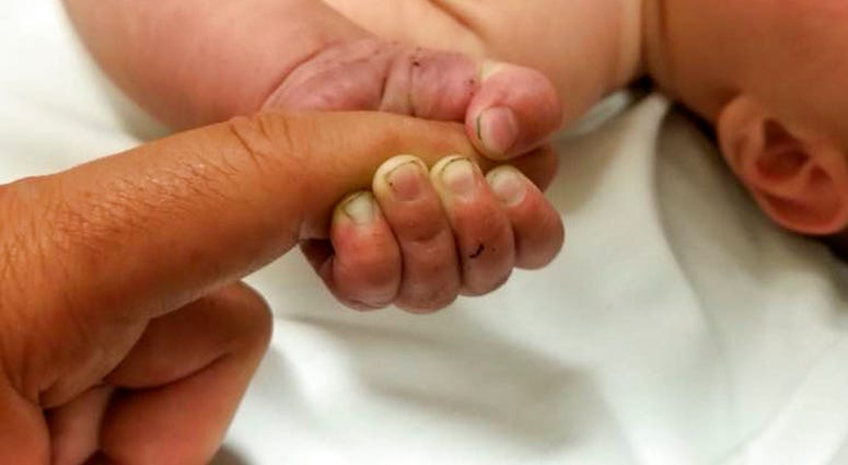 This Sunday, July 8, 2018 photo provided by the Missoula County Sheriff's Office shows a 5-month-old infant with dirt under their fingernails after authorities say the baby survived about nine hours being buried under sticks and debris in the woods. This Sunday, July 8, 2018 photo provided by the Missoula County Sheriff's Office shows a 5-month-old infant with dirt under their fingernails after authorities say the baby survived about nine hours being buried under sticks and debris in the woods.