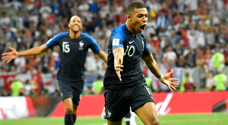 France's Kylian Mbappe celebrates after scoring his side's fourth goal during the final match between France and Croatia at the 2018 soccer World Cup. France's Kylian Mbappe celebrates after scoring his side's fourth goal during the final match between France and Croatia at the 2018 soccer World Cup.