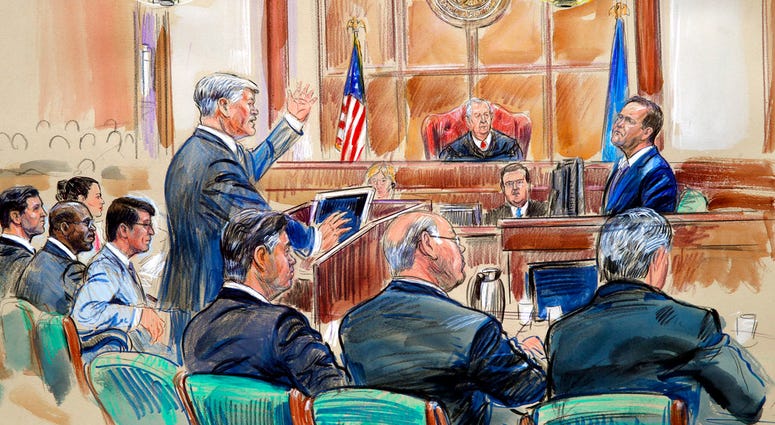 This courtroom sketch depicts defense lawyer Kevin Downing asking questions of Rick Gates, as former Donald Trump campaign chairman Paul Manafort, bottom front left, listens during Manafort's trial on bank fraud and tax evasion at federal court. This courtroom sketch depicts defense lawyer Kevin Downing asking questions of Rick Gates, as former Donald Trump campaign chairman Paul Manafort, bottom front left, listens during Manafort's trial on bank fraud and tax evasion at federal court.