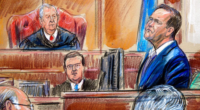 This courtroom sketch depicts Rick Gates on the witness stand as he is cross examined by defense lawyer Kevin Downing during the trial of former Donald Trump campaign chairman Paul Manafort on bank fraud and tax evasion at federal court in Alexandria, Va. This courtroom sketch depicts Rick Gates on the witness stand as he is cross examined by defense lawyer Kevin Downing during the trial of former Donald Trump campaign chairman Paul Manafort on bank fraud and tax evasion at federal court in Alexandria, Va.