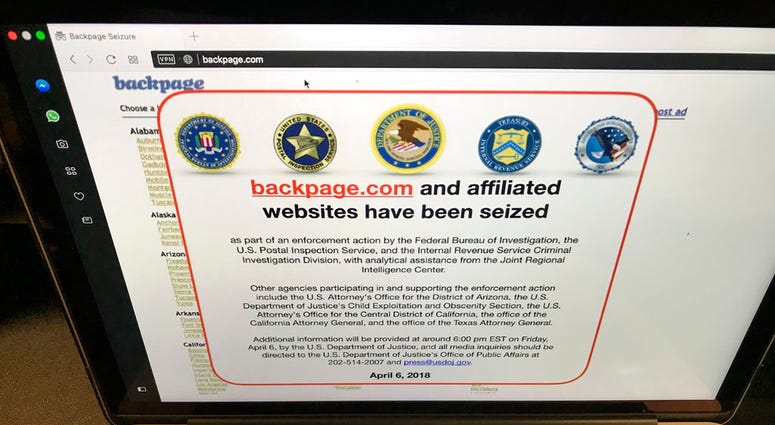 This April 6, 2018, file photo shows a screen shot of Backpage.com on the day that federal authorities seized the classified site as part of a criminal case. Backpage
