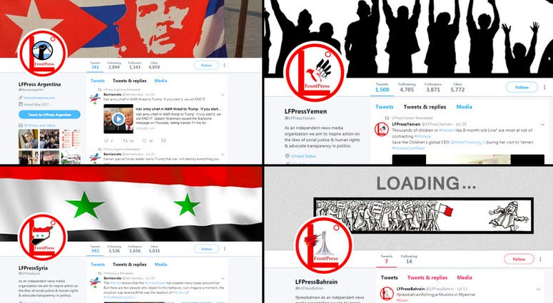 This undated image provided by the cybersecurity firm FireEye shows four Twitter pages affiliated with "Liberty Front Press. FireEye