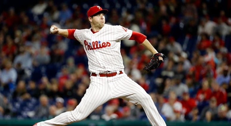 Philadelphia Phillies' Jerad Eickhoff pitches during the third inning of the team's baseball game against the Atlanta Braves, Friday, Sept. 28, 2018, in Philadelphia. Jerad Eickhoff