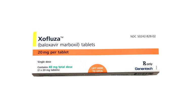 This undated product image provided by Genentech shows a box for Xofluza, a pill for shortening the duration and easing symptoms of the flu. Xofluza