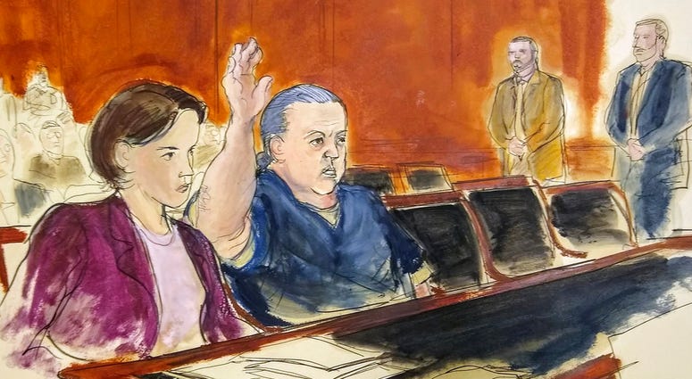 In this courtroom sketch, pipe bombs suspect Cesar Sayoc seated in court, raises his arm to swear to the truth of his statement of need for assigned counsel, during his presentment in Manhattan Federal Court Tuesday, Nov. 6, 2018, in New York. In this courtroom sketch, pipe bombs suspect Cesar Sayoc seated in court, raises his arm to swear to the truth of his statement of need for assigned counsel, during his presentment in Manhattan Federal Court Tuesday, Nov. 6, 2018, in New York.