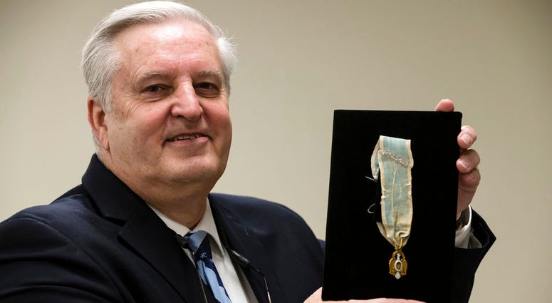 Displayed is Alexander Hamilton's Society of the Cincinnati Eagle insignia by Douglas Hamilton, his fifth great-grandson, at the Museum of the American Revolution in Philadelphia, Monday, Nov. 12, 2018. Displayed is Alexander Hamilton's Society of the Cincinnati Eagle insignia by Douglas Hamilton, his fifth great-grandson, at the Museum of the American Revolution in Philadelphia, Monday, Nov. 12, 2018.