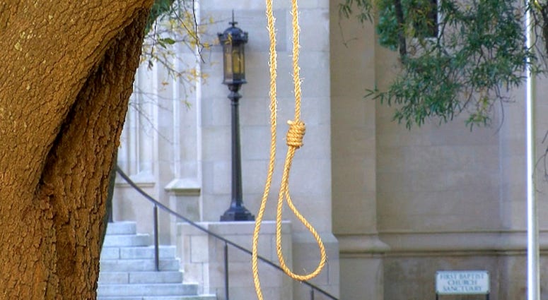 In this photo provided by WLBT-TV a noose hangs on a tree on the state capitol grounds in Jackson, Miss. on Monday, Nov. 26, 2018. In this photo provided by WLBT-TV a noose hangs on a tree on the state capitol grounds in Jackson, Miss. on Monday, Nov. 26, 2018.