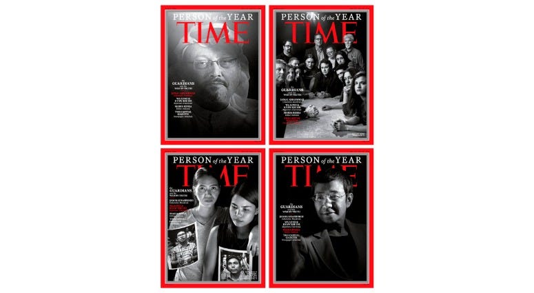 This combination photo provided by Time magazine shows their four covers for the "Person of the Year," announced Tuesday, Dec. 11, 2018. Time magazine's 2018 "Person of the Year" cover