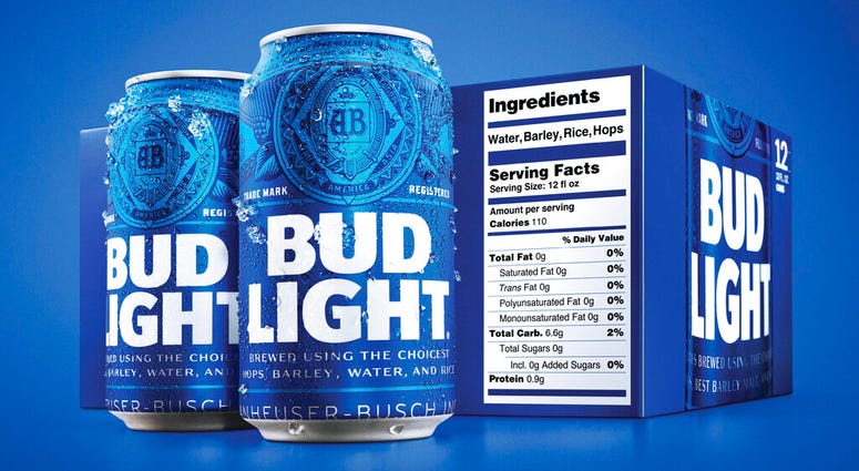 A new nutrition label by Bud Light. Starting next month, packages of Bud Light will have prominent labels showing the beer’s ingredients and calories as well as the amount of fat, carbohydrates and protein in a serving. Bud Light nutrition label