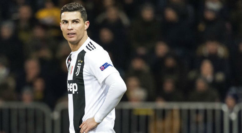 FILE - In this Dec. 12, 2018, file photo, Juventus' Cristiano Ronaldo reacts during the Champions League match at the Stade de Suisse in Bern, Switzerland. FILE - In this Dec. 12, 2018, file photo, Juventus' Cristiano Ronaldo reacts during the Champions League match at the Stade de Suisse in Bern, Switzerland.