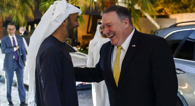 Abu Dhabi's Crown Prince Sheikh Mohammed bin Zayed Al Nahyan greets visiting US Secretary of State Mike Pompeo prior to their meeting at Al-Shati Palace in the UAE capital Abu Dhabi on Saturday, Jan. 12, 2019. Abu Dhabi's Crown Prince Sheikh Mohammed bin Zayed Al Nahyan greets visiting US Secretary of State Mike Pompeo prior to their meeting at Al-Shati Palace in the UAE capital Abu Dhabi on Saturday, Jan. 12, 2019.