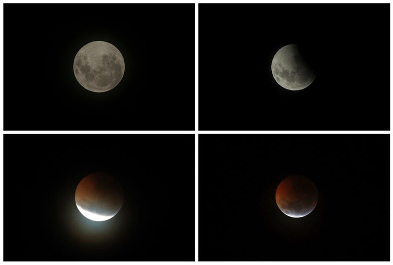 This combination photo shows the moon at the four different moments during a total lunar eclipse in Brasilia, Brazil, Monday, Jan. 21, 2019. The moon at the four different moments during a total lunar eclipse in Brasilia, Brazil.