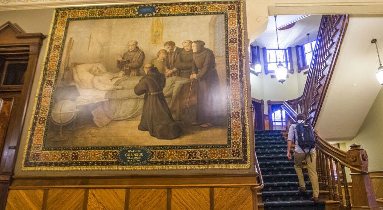 This Nov. 29, 2017, photo shows a murals of Christopher Columbus at Notre Dame in South Bend, Ind. This Nov. 29, 2017, photo shows a murals of Christopher Columbus at Notre Dame in South Bend, Ind.