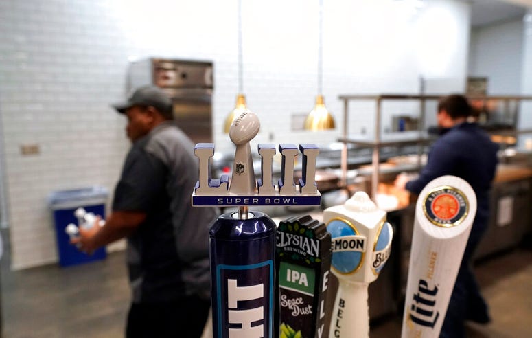 A Super Bowl LIII logo beer tap is shown during a tour of Mercedes-Benz Stadium for the NFL Super Bowl 53 football game Tuesday, Jan. 29, 2019, in Atlanta. A Super Bowl LIII logo beer tap is shown during a tour of Mercedes-Benz Stadium for the NFL Super Bowl 53 football game Tuesday, Jan. 29, 2019, in Atlanta.