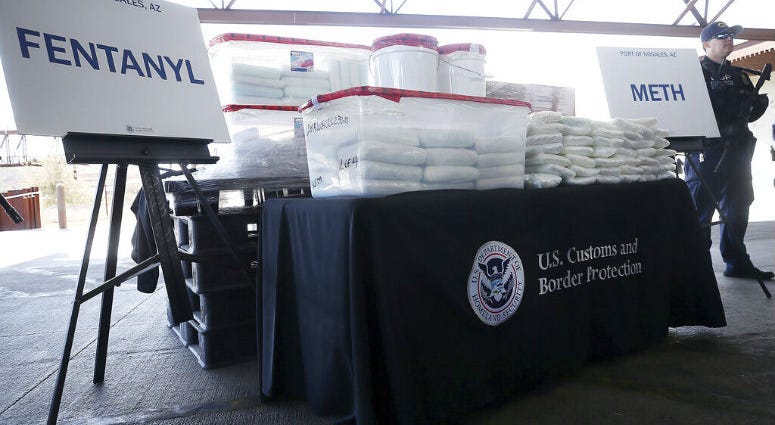 A display of the fentanyl and meth that was seized by Customs and Border Protection officers over the weekend at the Nogales Port of Entry is shown during a press conference on Thursday, Jan. 31, 2019, in Nogales, Ariz. A display of the fentanyl and meth that was seized by Customs and Border Protection officers over the weekend at the Nogales Port of Entry is shown during a press conference on Thursday, Jan. 31, 2019, in Nogales, Ariz.